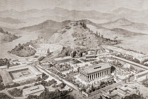Impresión artística de Olimpia, Grecia, en la época de los antiguos Juegos Olímpicos, de 